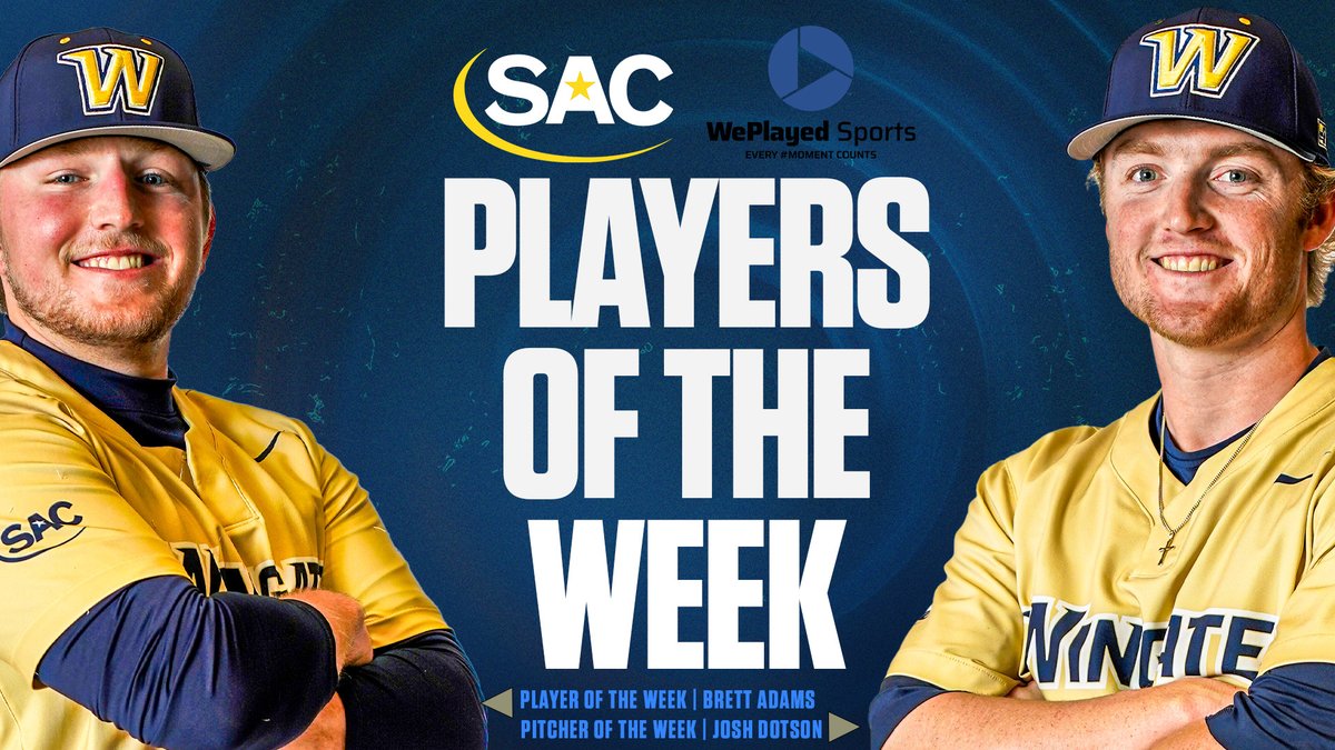 SAC Players of the Week! Brett Adams is the Player of the Week after hitting .538 with a double, triple, 2 homers & 8 RBI! Josh Dotson is the Pitcher of the Week, tossing a complete-game shutout with 6 strikeouts! Story | shorturl.at/kovE2 #OneDog | @WingateBaseball