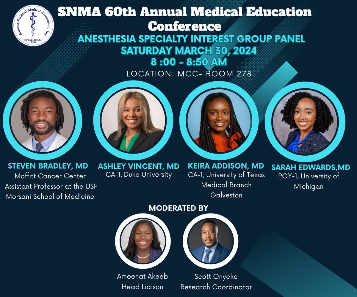 We are really excited to be hosting our @SNMA Anesthesia Specialty Interest Group panel during AMEC 2024 in New Orleans⚜. If you will be in town join us and our amazing panelists.