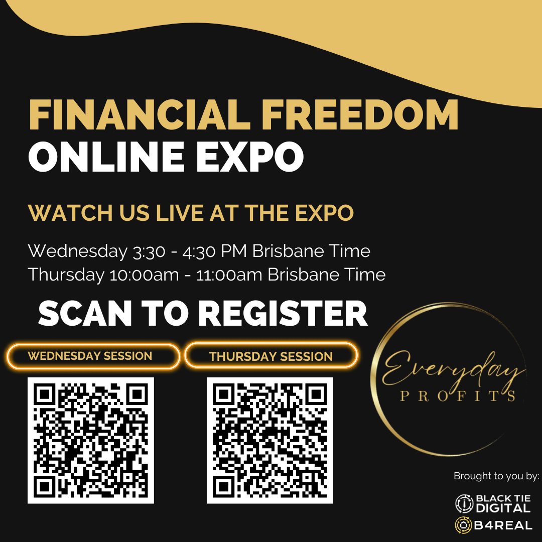 Join us at the Financial Freedom Online Expo for live sessions! 🚀 Tune in Wednesday from 3:30 - 4:30 PM Brisbane Time and tomorrow, Thursday 10:00 - 11:00 AM Brisbane Time. Scan to register and secure your spot on the zoom link! 💼💻 #FinancialFreedom #OnlineExpo