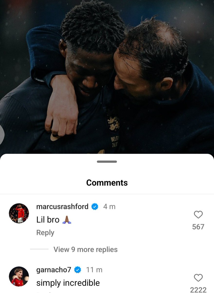 Rashford and Garnacho's comments on Mainoo's post. ❤️