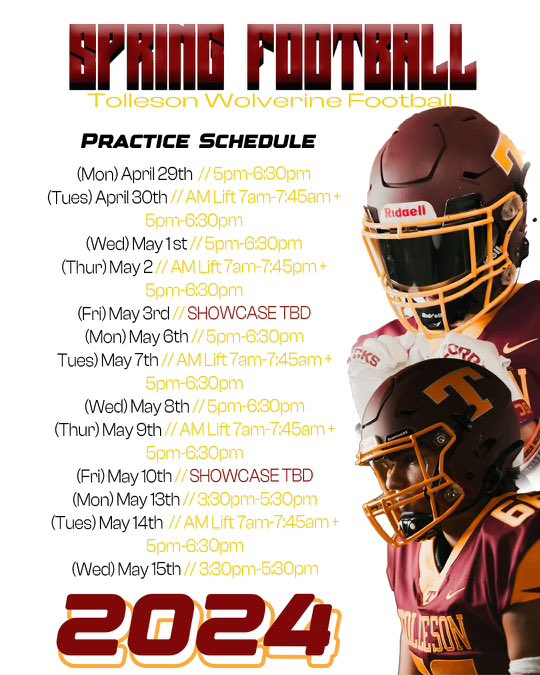 Here is the Tolleson Football Spring Ball Schedule! We are excited to see all coaches and media members this spring! Go T-Town! #353
