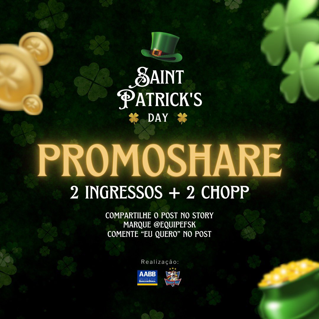 O feriado é de Páscoa, mas a festa é de St. Patrick’s!

Vai ter St. Patrick’s da Força SK! 🍀🎩🇮🇪

Tem promo rolando no instagram da equipe e os antecipados estão à venda com <a href="/_linckcarol/">Carolina Linck</a> <a href="/isabelafazenda/">isa</a> <a href="/LaizaVieira_19/">Laiza Santos</a> <a href="/julianaianicell/">Juliana</a>