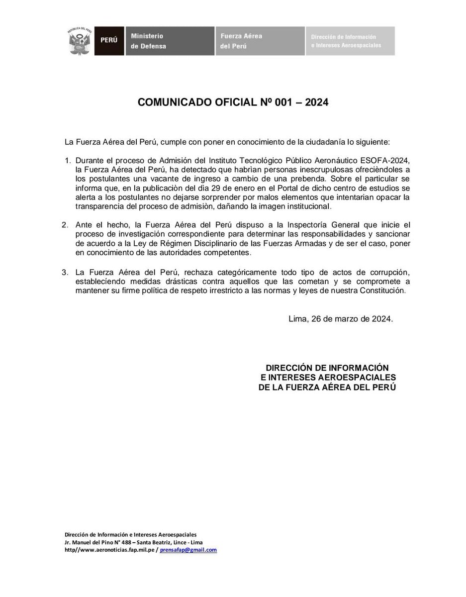 COMUNICADO OFICIAL N° 001-2024-FAP