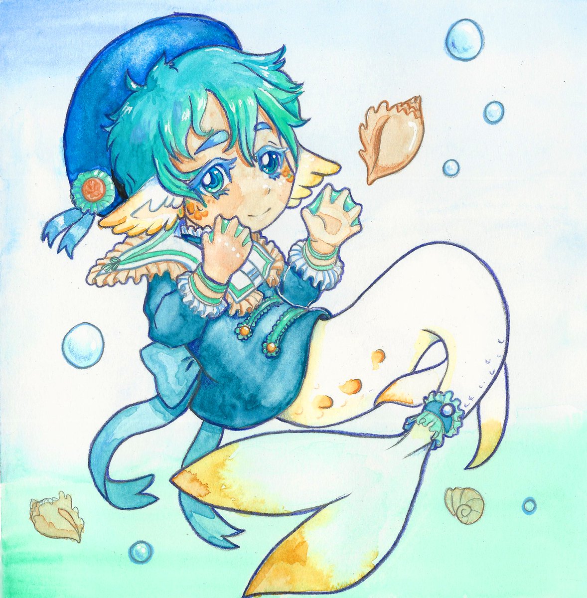 Felt like doing a very cute summery watercolor of a little chibi merman. idk why it just felt right in the moment and was a good way to build my traditional water color skills