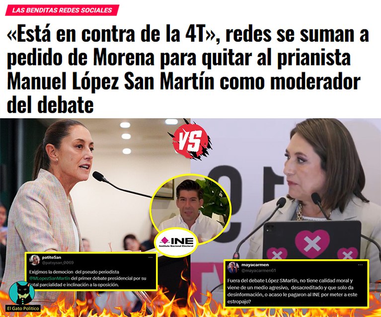 elgatopolitico_'s tweet photo. 🔴🔴 Ni un paso atrás.
No permitamos que el INE imponga al prianista Manuel López San Martín como moderador del primer debate.
Son miles los pedidos que exigen un moderador imparcial en el primer debate entre Claudia Sheinbaum y Xóchitl Gálvez. #PRINE
➡️➡️ https://t.co/xg0WKYkNjp https://t.co/PHBu30uHi6