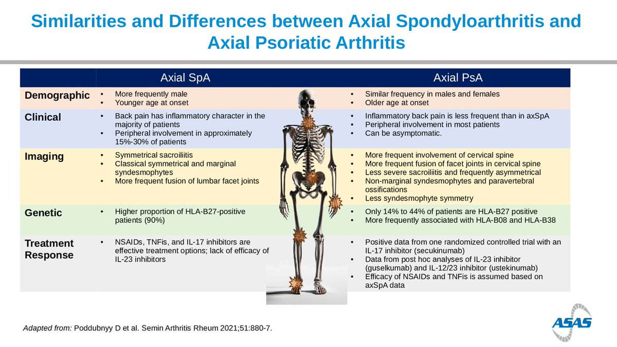 Official_ASAS's tweet photo. What are the similarities and differences between axial SpA and axial PsA in terms of demographics, clinical, imaging, and other parameters?

See other new slides recently added to the ASAS slide library: https//sl.asas-group.org/?_sft_category=diagnosis&amp;sf_paged=2 https://t.co/5LcCa92fSI