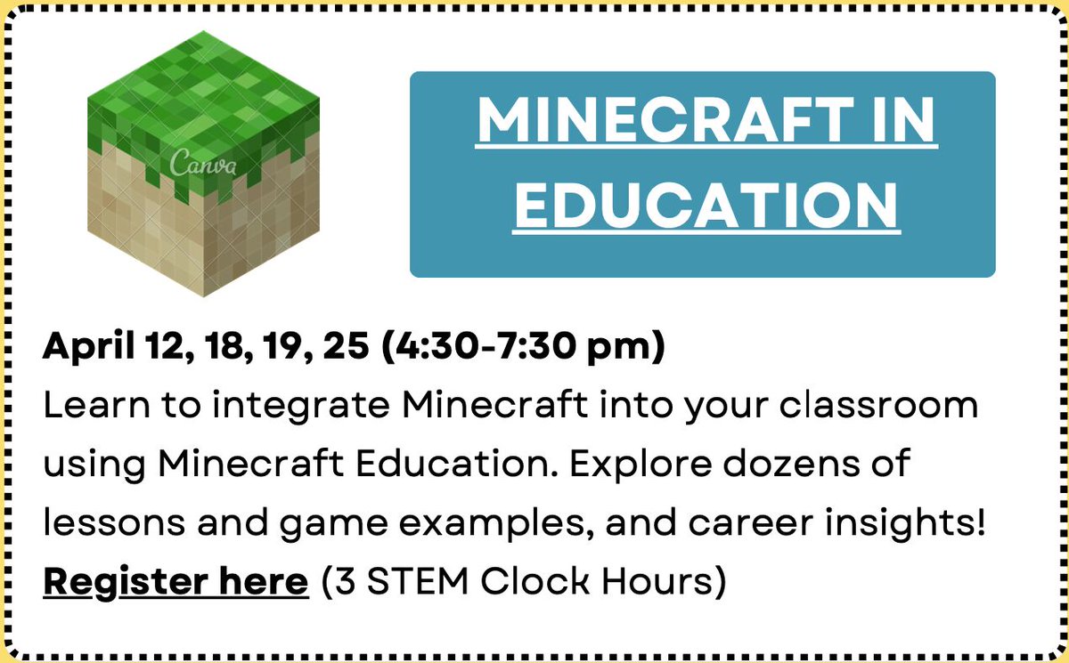 ⛏🧱 Want to start using Minecraft in the classroom?!

🖥  Join us for a four-part series exploring how to integrate #MinecraftEdu into your classroom using Minecraft Education! Explore dozens of lessons, game exemplars, and career insights! 

📆  Join us after school on April