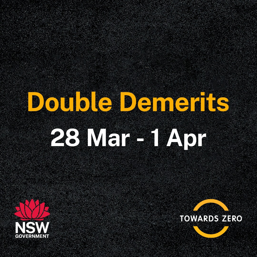 📷 Double demerits start at midnight tonight and continue until 11:59pm, Monday 1st April. @nswpolice will target speeding, mobile phone, seatbelt and motorcycle helmet offences this long weekend. 📷