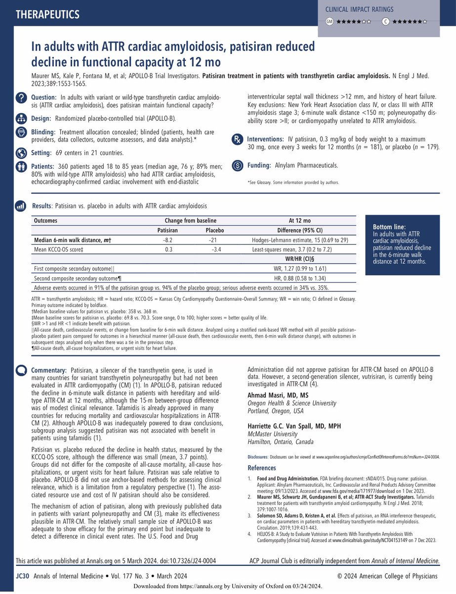 Appraisal of #ApolloB #RCT for #ACPJournalClub w @MasriAhmadMD @AnnalsofIM In RCT of 360 ppl w #ATTR cardiac #amyloidosis, those on #patisiran experienced modest improvem’t in #6MWT Unclear benefit in those on tafamidis 🔗 acpjournals.org/doi/abs/10.732… 🔗 nejm.org/doi/10.1056/NE…