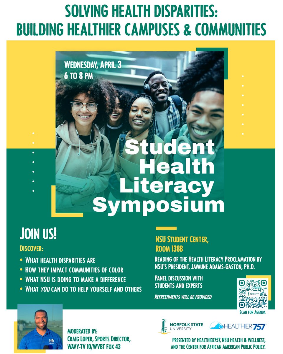 Norfolkstate's tweet photo. Join us April 3, 2024, for an eye-opening Student Health Literacy Symposium. Come, be part of vital discussions on health disparities and how NSU is effecting change! Join us in contributing to a healthier future. See you at Student Center, Room 138, at 6 p.m.! 💪🏽 #nsu #behold https://t.co/xb1FrbNBWN