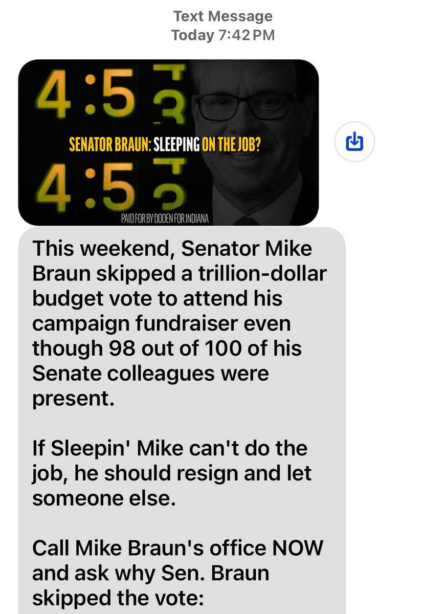 As the #INGovDebate is going on, I get this text about @SenatorBraun missing the funding vote on “sleeping” on the job.

Who paid for this?