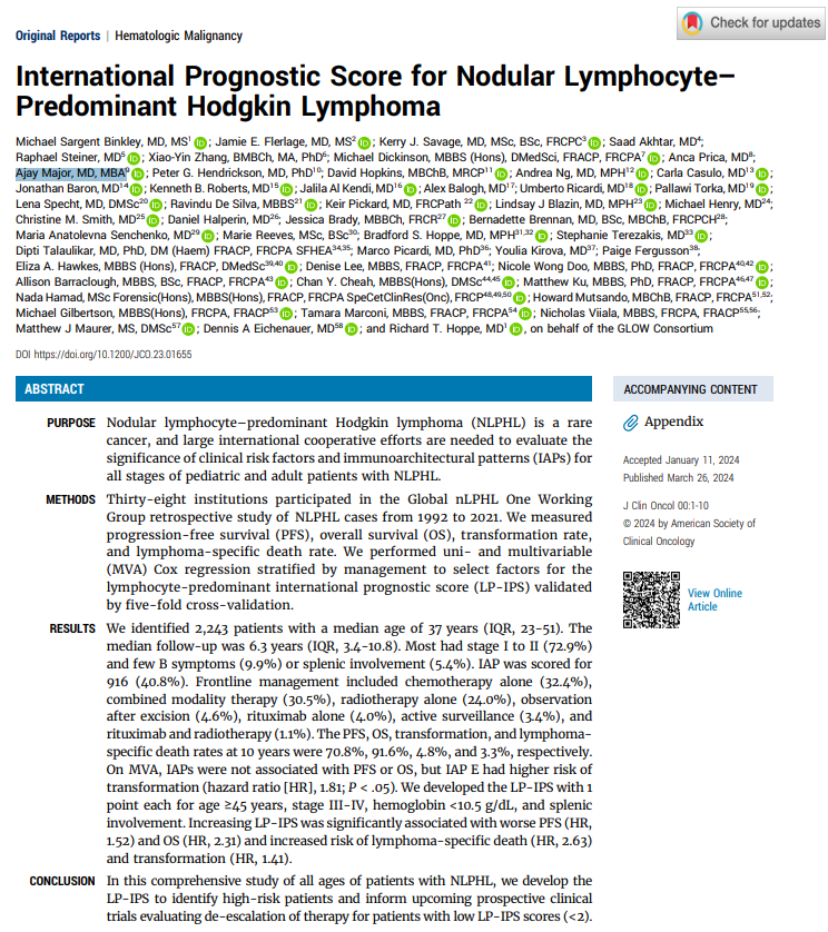 A huge congratulations to Drs. @michaelsbinkley & @JamieFlerlage and the entire @glow_nlphl team on publication of an NLPHL-specific prognostic score (LP-IPS) in @JCO_ASCO. Deeply grateful to have participated in this high-impact study! #lymsm #NLPHLsm ascopubs.org/doi/pdf/10.120…