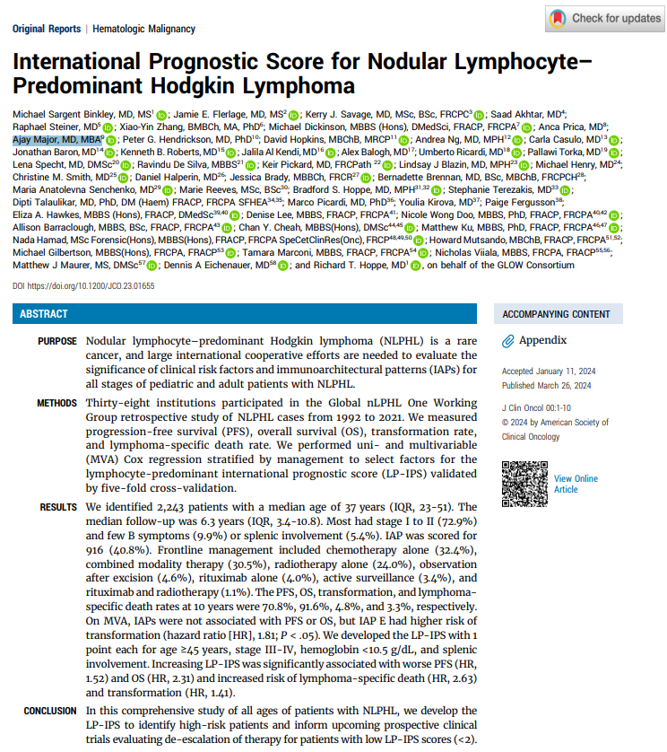 majorajay's tweet photo. A huge congratulations to Drs. @michaelsbinkley & @JamieFlerlage and the entire @glow_nlphl team on publication of an NLPHL-specific prognostic score (LP-IPS) in @JCO_ASCO. Deeply grateful to have participated in this high-impact study! #lymsm #NLPHLsm https://t.co/ogQ7qHag7N https://t.co/lHJXdEP2g9