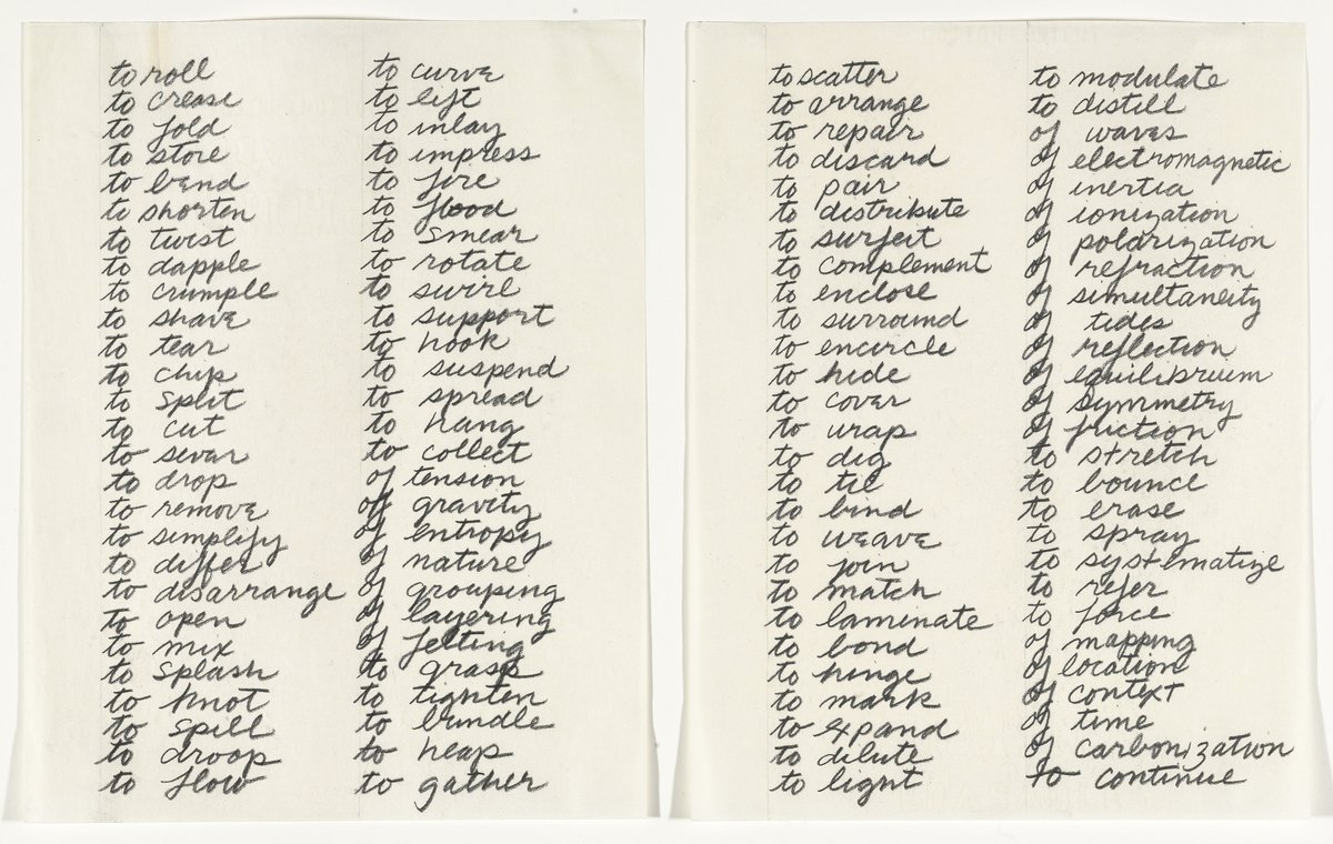 My top reasons to love Richard Serra:

1. His beautiful list of verbs for making art, that remains an infinite menu for overcoming creative blocks.