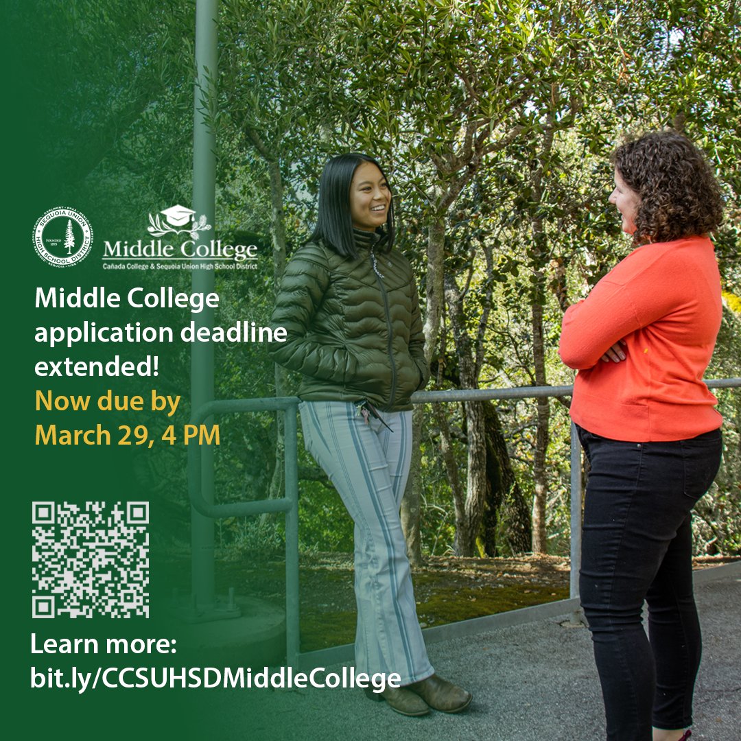 The deadline for the Middle College application deadline has been extended to the end of this week, Friday, March 29! Find out more about Middle College here: bit.ly/CCSUHSDMiddleC… @CanadaCollege #WeAreSUHSD