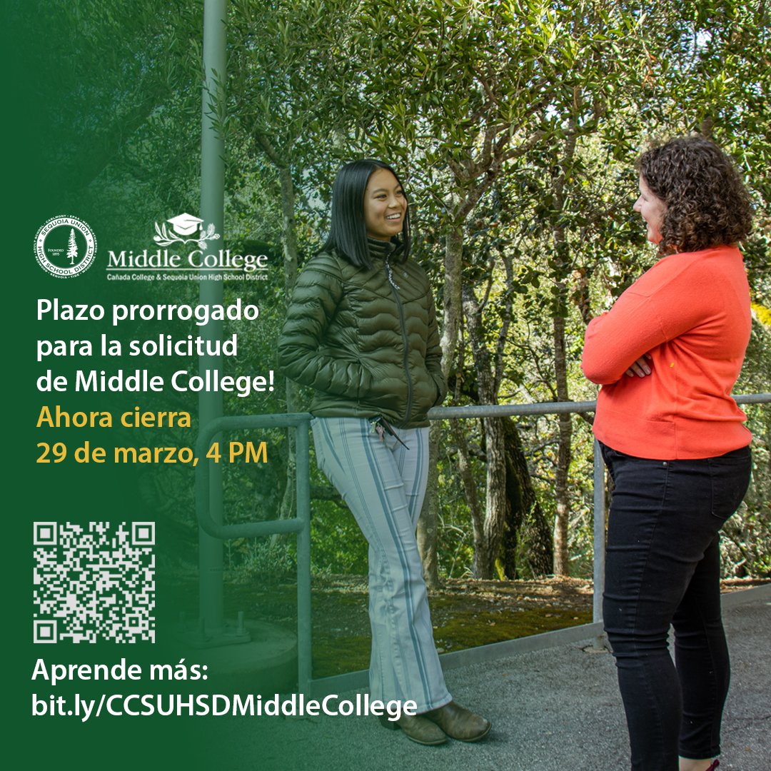 ¡La fecha límite para la solicitud de Middle College se ha extendido hasta el final de esta semana, el viernes 29 de marzo! Aprende mas de Middle College aqui: bit.ly/CCSUHSDMiddleC… @CanadaCollege #SomosSUHSD