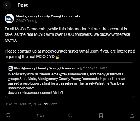 Attached in this screenshot is the repost that they did and what it is referring to. MCYD passed a ceasefire resolution back in Fall/Winter 2023, well before the troll bot MCYD account was created in February 2024.