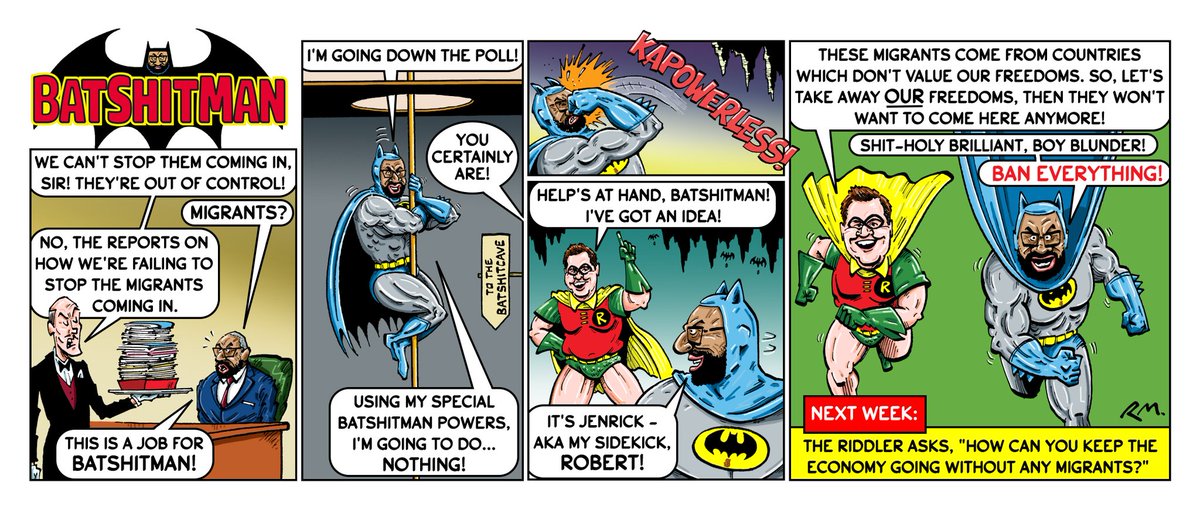 Batshitman and Robert! From the most recent @PrivateEyeNews (new issue - with new strip - on sale from Wednesday!)👍 🦇💩 #jamescleverly #cleverly #jenrick #politics #ukpolitics #Tories #ToryChaos #government #batman #immigration #Brexit