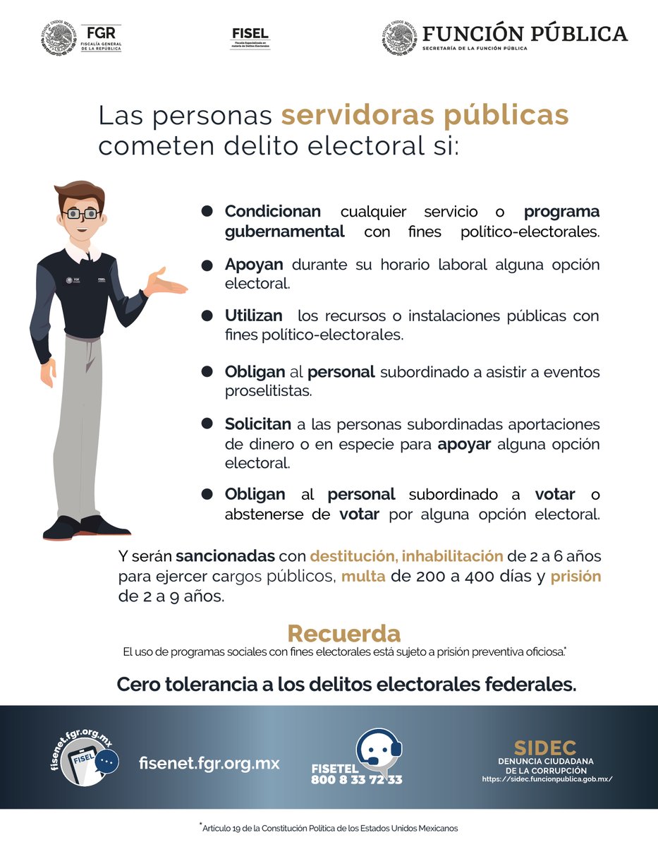 Las personas servidoras públicas cometen un #DelitoElectoral si realizan alguna de las siguientes actividades. Denuncia.