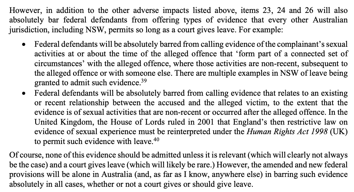 All of this goes well beyond NSW's rape shield law, which is already controversial for the limits it places on criminal defendants, notably on the issue of past false allegations.

The federal law blocks that too, even when it's part of a connected set of circumstances.