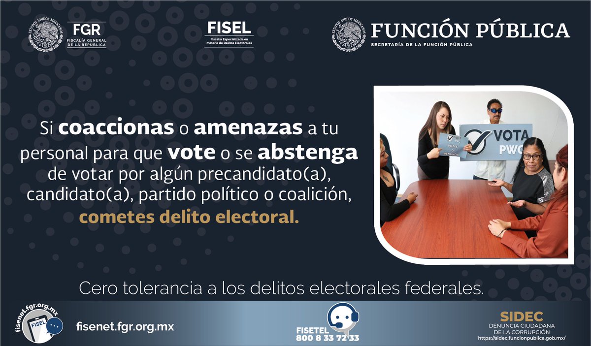 Un #DelitoElectoral es coaccionar o amenazar que vote por algun partido. Cero tolerancia a los delitos electorales