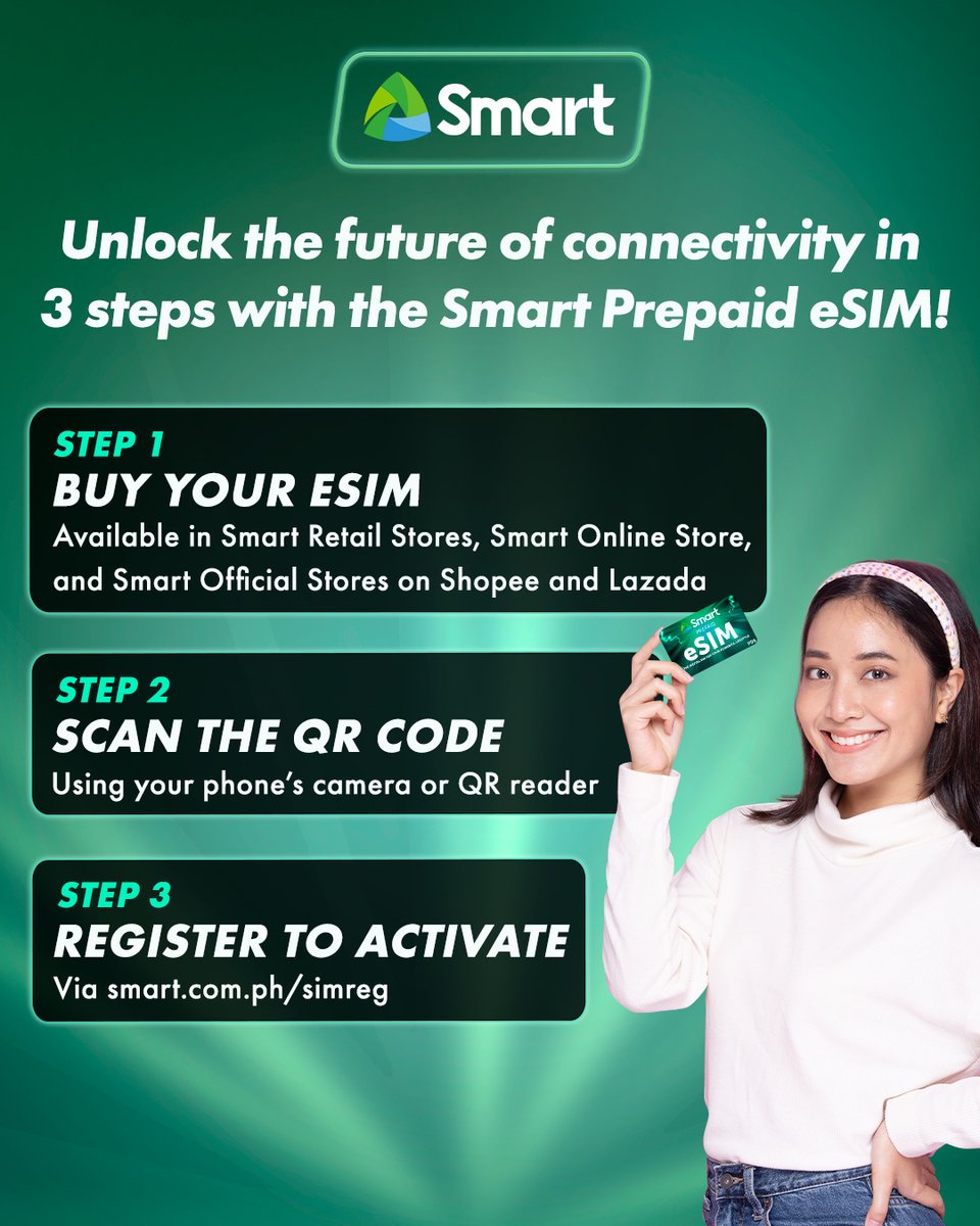 LiveSmart's tweet image. Upgrade your digital experience with a Smart Prepaid eSIM!

In just a few taps, you can purchase, receive and activate your Smart Prepaid eSIM without heading to a physical Smart Store.

Purchase your eSIM now through the Smart Online Store: smrt.ph/digiesimtw

#SmarteSIM