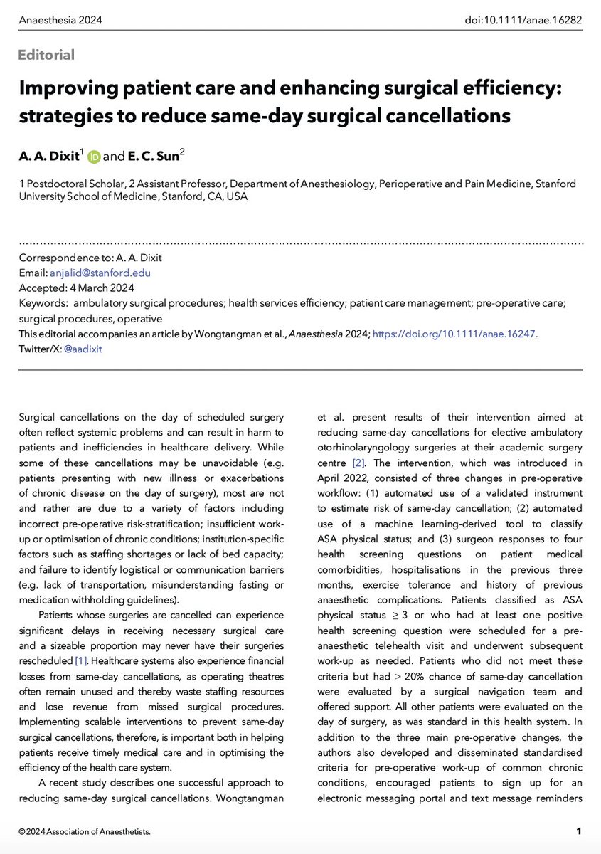Anaes_Journal's tweet image. 🔓Improving patient care and enhancing surgical efficiency: strategies to reduce same-day surgical cancellations

@aadixit &amp;amp; Sun discuss the pros &amp;amp; cons of an anaesthetist-driven, clinical informatics-based bundle intervention.

#FreeForAWeek

Editorial 🔗…-publications.onlinelibrary.wiley.com/doi/10.1111/an…
