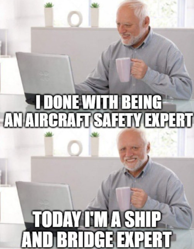Soo many online experts again!
After #Boeing #BoeingWhistleblower we now get #Baltimore #BaltimoreBridge #BaltimoreBridgeCollapse #OnlineExperts Oh, dear!