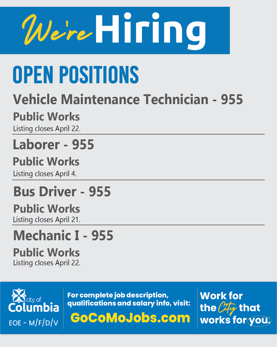 The City of Columbia is hiring! City employment comes with an excellent compensation package including medical, dental and vision insurance, paid time off, education and retirement benefits and more! To view up-to-date salaries and job descriptions, visit GoComoJobs.com/postings/search