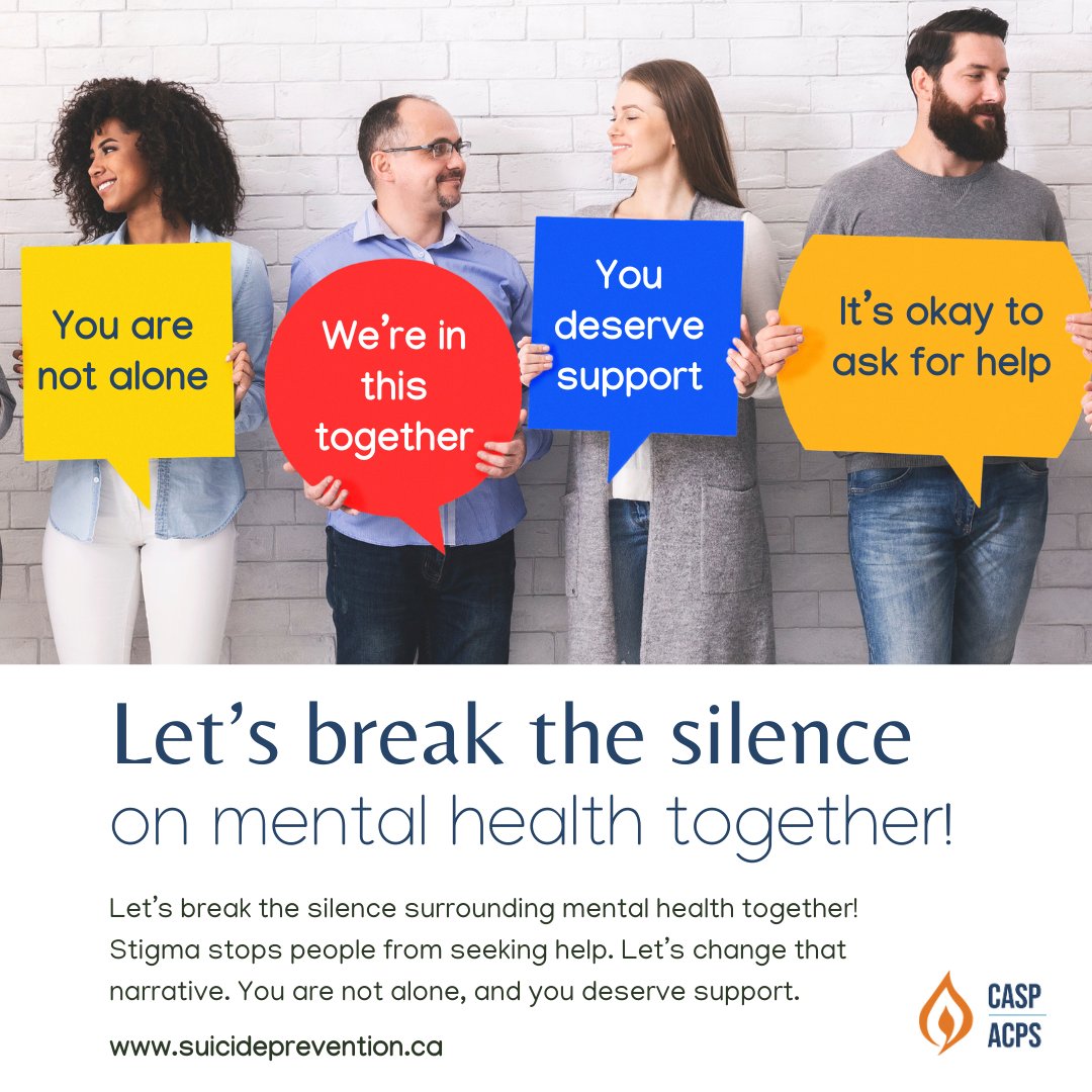 Let's break the silence surrounding mental health together! Stigma stops people from seeking help. Let's change that narrative. You're not alone, and you deserve support! If you or someone you know needs support, call, or text 9-8-8 any time – day or night. #MentalHealthMatters