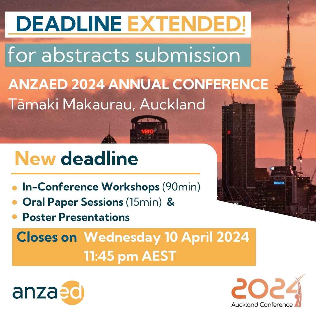 Important Update!
The ANZAED Annual Conference 2024 abstract submission deadline has been EXTENDED!

🗓 New Deadline: Wednesday, 10 April 2024, 11:45 PM AEST

For submission guidelines and more details, click here: conference.2024.anzaed.org.au/abstract-submi…

#ANZAEDAnnualConference2024 #ANZAED2024