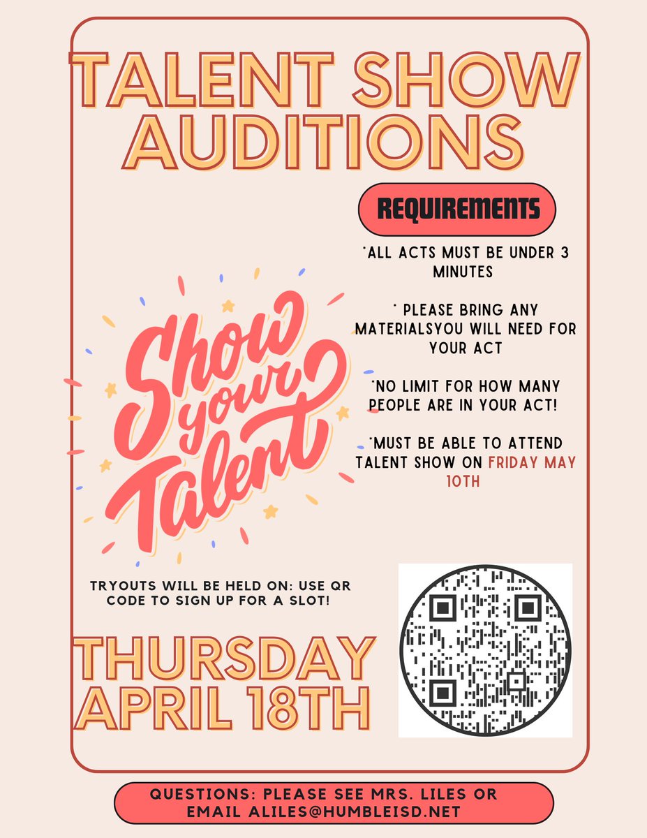 We are so excited to be hosting a school wide talent show! Tryouts for the show will be held after school on April 18th! Use the QR code to sign up for a time slot! #kmscougarpride