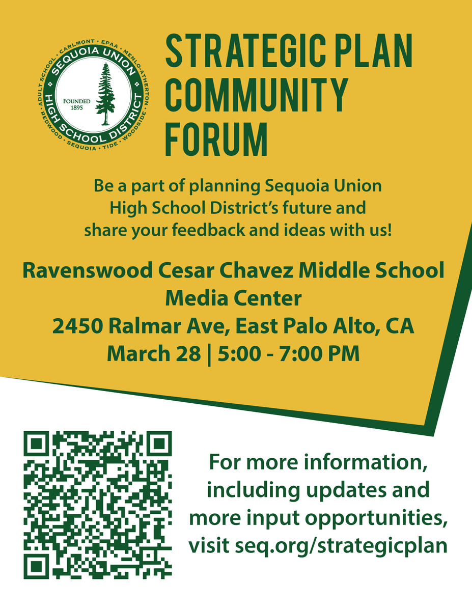 Join us for our final Strategic Plan Community Forum this Thursday from 5:00 - 7:00 PM! The forum will be hosted at the Ravenswood Cesar Chavez Middle School Media Center, located at 2450 Ralmar Ave in East Palo Alto. Learn more: seq.org/strategicplan