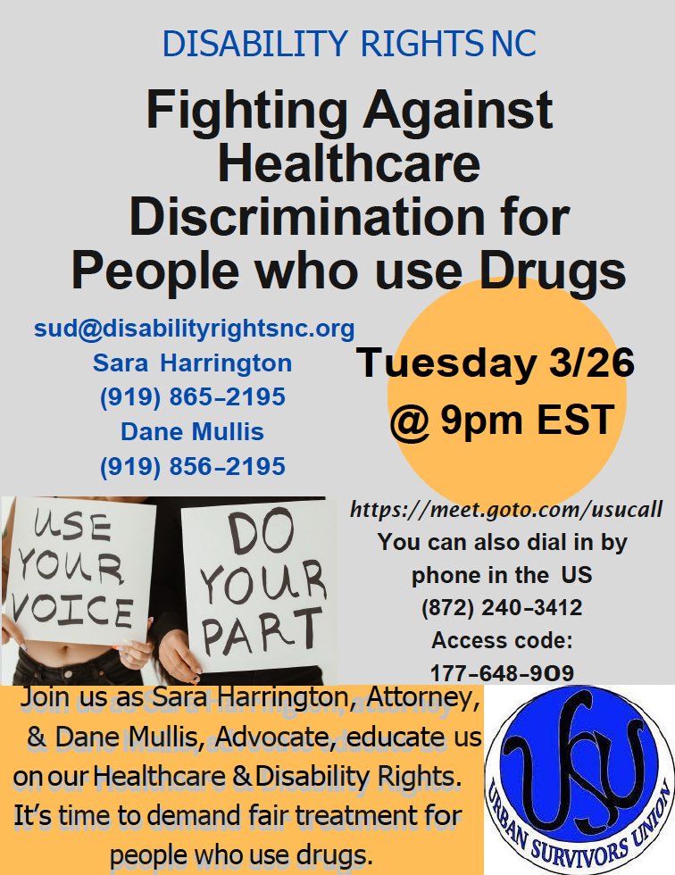 Also, incredibly belatedly--join us tonight in a half hour, 9 PM ET, as Sara Harrington & Dane Mullis discuss healthcare discrimination against PWUD, esp. PWUD on opioid agonist treatment. meet.goto.com/usucall