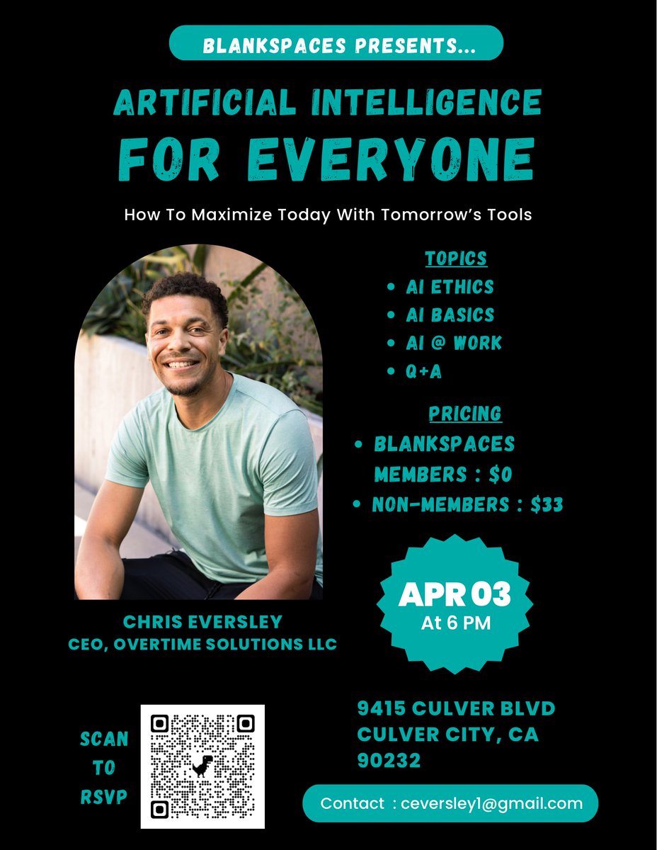 BLANKSPACES's tweet image. 💻Join us at BLANKSPACES on April 3, 2024, at 6 pm for a seminar by Chris Eversley. Learn how to maximize today with tomorrow's tools. 🤖 Members enter for FREE, while non-members for just $33. Let's delve into the future of technology! #AI #FutureTech #BLANKSPACES #Seminar 💻