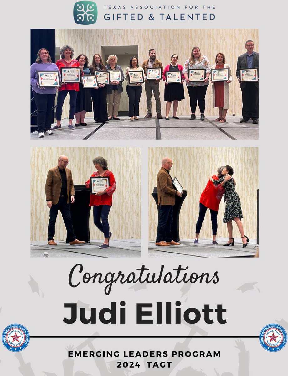 Congratulations to Mrs. Judi Elliott on her accomplishment of completing the Emerging Leaders Program with @TXGifted! We are proud of you! #TAGT #EmergingLeaders