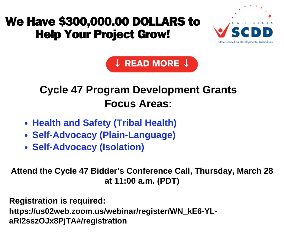 @CalSCDD is looking for grantees for the next Cycle 47—Project Development Grants! Learn more at the Cycle 47 Bidder's Conference Call this Thursday at 11a.m.! More info & registration details are here: scdd.ca.gov/grantinformati…