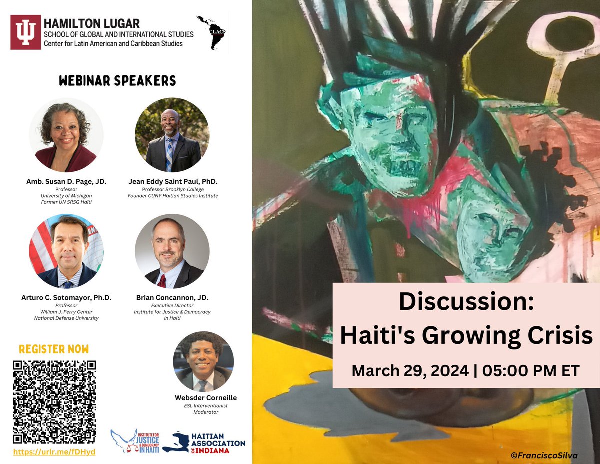 This Friday! On the 37th anniversary of Haiti's 1987 Constitution,@WebsCorneille & Haitian scholars will discuss the country’s current security, humanitarian crisis, and future. 📅🕠 March 29th, 5pm ET 🔗Register rb.gy/04cv2a