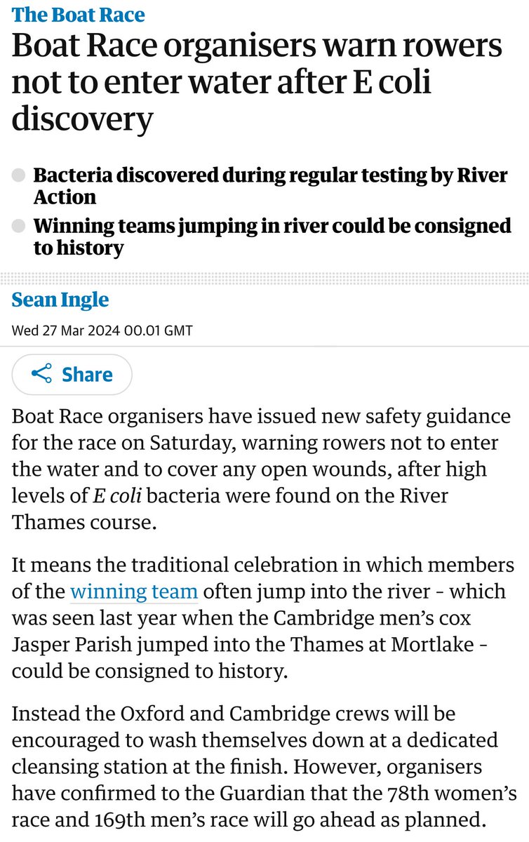 Instead of jumping into the Thames to celebrate, the winning Boat Race crews will have to take special showers to wash any lingering splashes of biohazardous water off themselves. Welcome to Broken Brexit Britain in 2024. theguardian.com/sport/2024/mar…