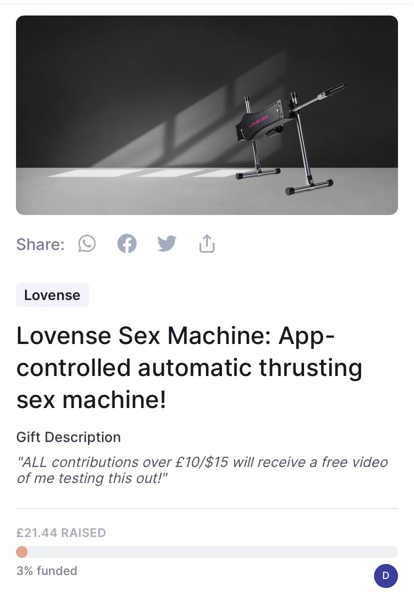 The journey has started to get me a fuck machine… Every donation over £10/$15 will get a FULL FREE video of me using this when we complete the campaign! 🎁 Send a contribution now: throne.com/lenaamelia/ite…