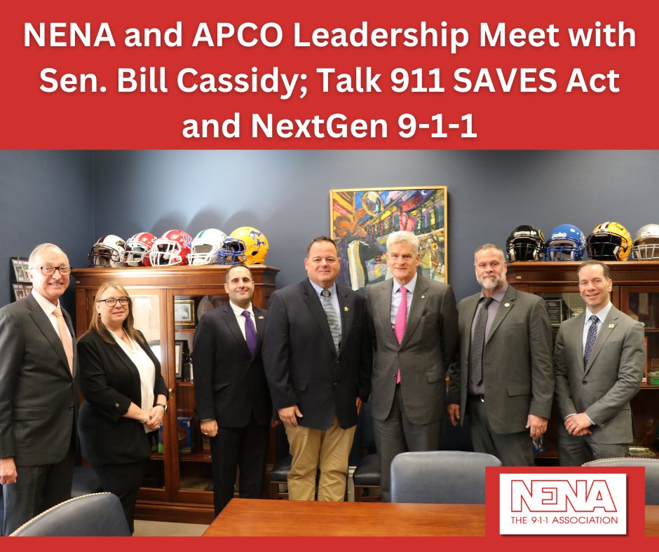 911NENA911's tweet photo. Leaders of NENA and APCO enjoyed a productive meeting with U.S. Senator Bill Cassidy to discuss critical legislation for 9-1-1 professionals. #Enact911Saves #NG911Now https://t.co/eYEPOUkXq6