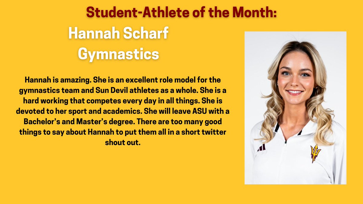 The spotlight now turns to Hannah Scharf of @SunDevilGym! She's been named OSAD's High Achieving Female Athlete of the Month. Let's give a big shoutout to Hannah for the example she sets on both the team and in her academic pursuits! @TheSunDevils #O2V