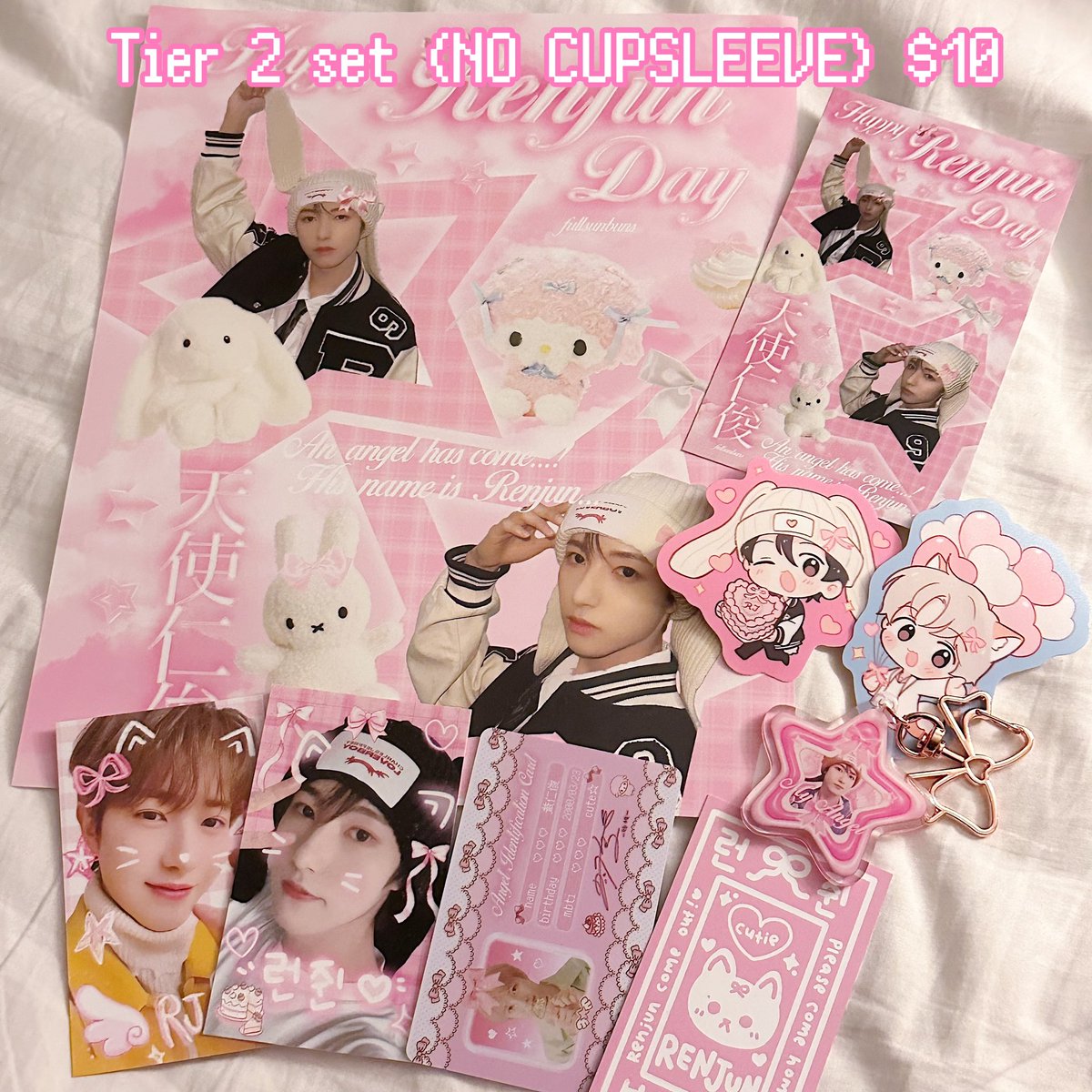 hi hi !! selling some leftover renjun bday event stuff!

wings: $5
rhinestone charms: price in pic 
tier 2 set (no cupsleeve): $10 

shipping not included! USA tracked is $5.

please dm if interested! 🎀🪽