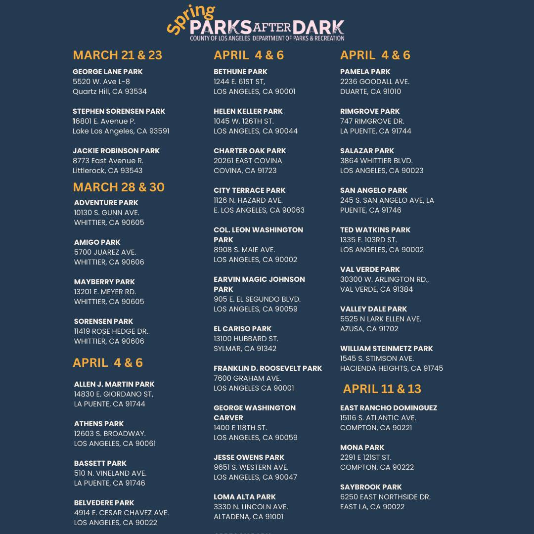 Parks After Dark returns for the 2024 spring season! A variety of FREE activities for family and friends will be available at 34 LA County Parks from 3/21/24 – 4/13/24. Come and enjoy concerts, food, games, and more with @lacountyparks. For details, visit parks.lacounty.gov/springpad/.