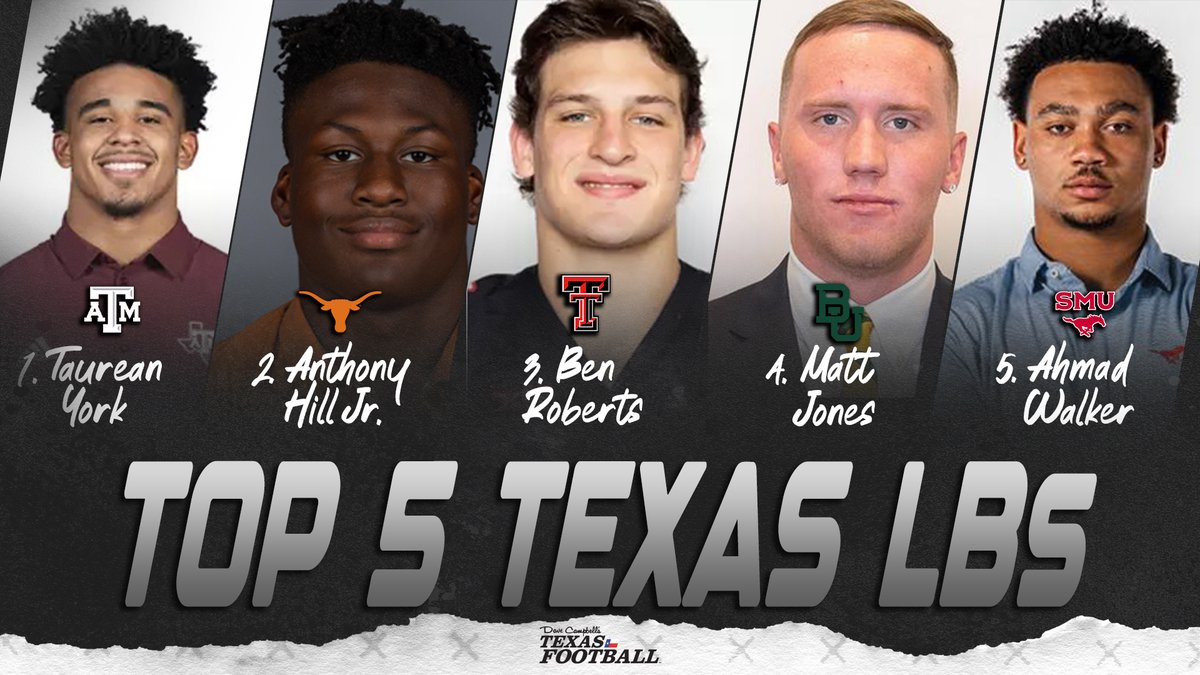 These are the Top 5 LBs in Texas for 2024 1. @TaureanYork5x | @AggieFootball 2. @thegoatanthony1 | @TexasFootball 3. @Ben_Roberts2022 | @TexasTechFB 4. @bradenjones2000 | @BUFootball 5. @AhmadWalker7 | @SMUFB Top 10 👇 via @CravenMike texasfootball.com/2024-texas-10-…