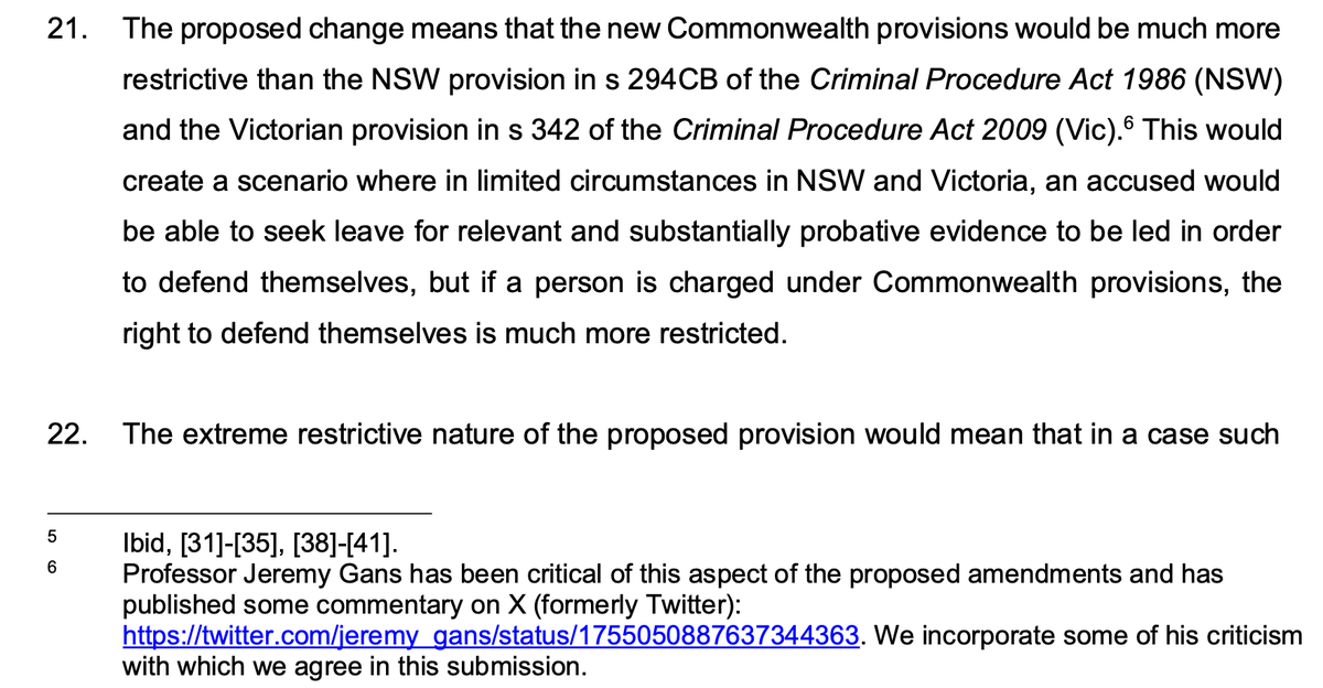 <a href="/LibertyVic/">Liberty Victoria</a> "The proposed change means that the new Commonwealth provisions would be much more restrictive than the NSW provision in s 294CB of the Criminal Procedure Act 1986 (NSW) and the Victorian provision in s 342 of the Criminal Procedure Act 2009 (Vic)"