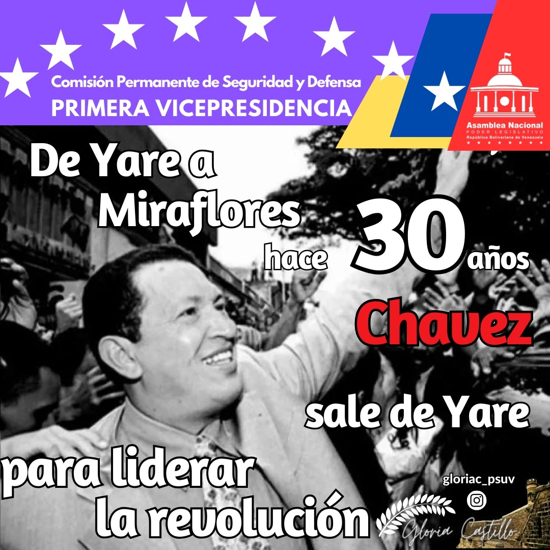 ¡De Yare a Miraflores hace 30 años! 🇻🇪 El Comandante Invicto Hugo Rafael Chávez Frías salió de Yare para liderar la Revolución Bolivariana. ¡Que viva la Patria!  #ChávezVive #RevoluciónBolivariana #VivaVenezuela #PatriaQuerida #30AñosDeHistoria