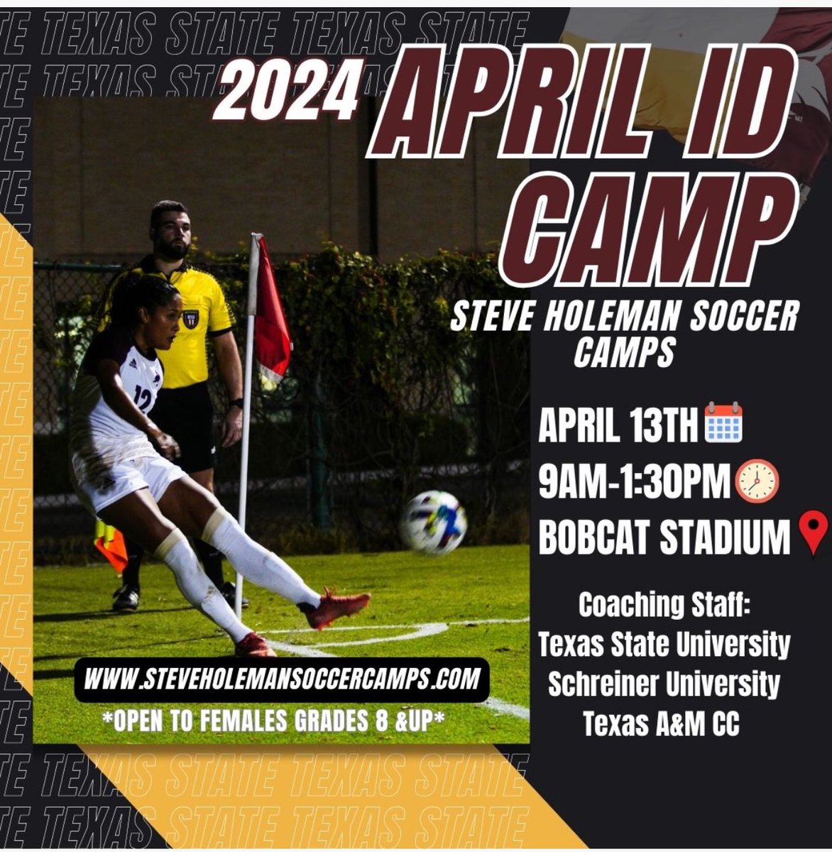 🚨ID Camp Spots Still Available🚨 🗓️April 13th, 2024 ⌚️9am-1:30pm 👥 Girls 8th Grade and up 📍 Bobcat Soccer Complex, San Marcos 💻 steveholemansoccercamps.com ⚽️ College Games to Follow