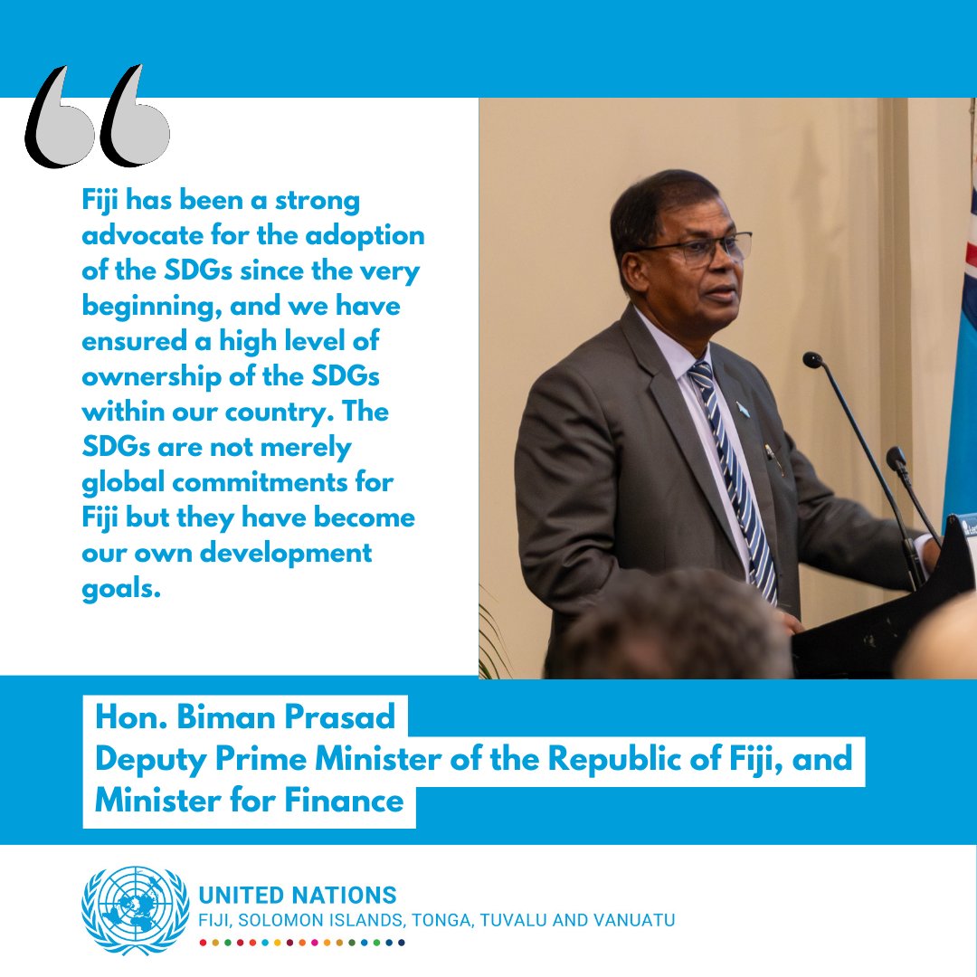 SDGs aren't just global commitments for Fiji; they're our own development goals.' 🌏 Hon. @bimanprasad, Deputy PM & Minister for Finance, emphasizes Fiji's unwavering ownership of the SDGs in his keynote speech at the joint @FijiGovernment-UN High-Level Development Partner…