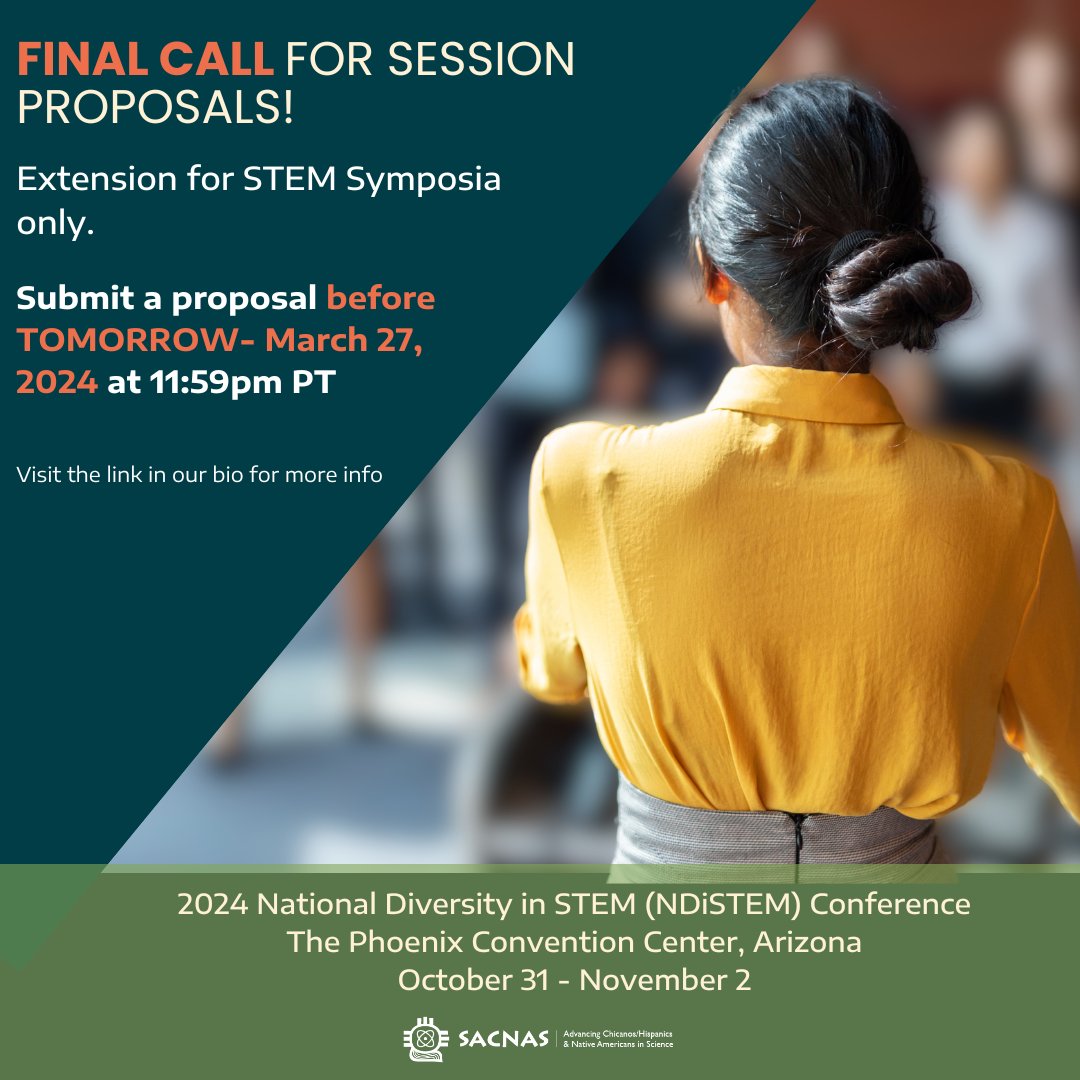 Call for Session Proposals for #2024NDiSTEM is coming to a close tomorrow, Wednesday 3/27 at 11:59pm PT. To submit yours now, visit the link in our bio.